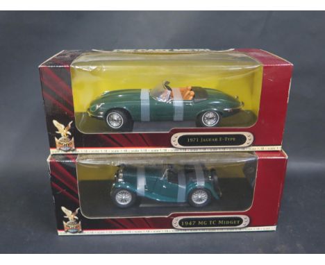 Two Road Signature 1:18 Scale British Sports Including 1971 Jaguar E Type and 1947 MG TC Midget Boxed 