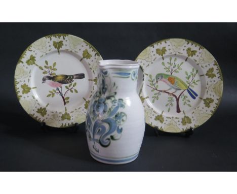 A Pair of French Este Ceramics Bird Decorated Plates (9.5") and Quimper Jug 