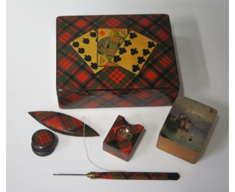 A Rare Mauchline Tartan Ware Prince Charlie Playing Card Box, a McDuff miniature Bryce's dictionary and small thread waxer, S