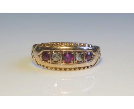 An Antique 15ct Gold, Ruby and Rose Cut Diamond Five Stone Ring, size H, 1.6g. Resized 