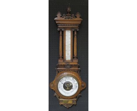A Victorian Carved Oak Aneroid Banjo Barometer with thermometer, 105cm 