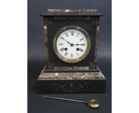 Victorian Slate and Marble Mantle Clock.  White enamelled 9.5cm dial.  With Brass Movement marked JJS.  26cm tall. 