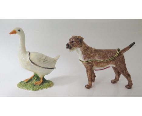 An Enamel Dog Casket and Goose, 9cm high 