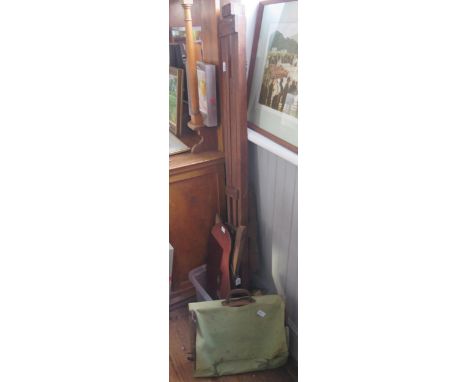 A Large Folding Artist's Easel, portable easel, artist's pallets and brushes 