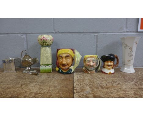 Two vases and three character jugs, tea caddy and a sugar hod **PLEASE NOTE THIS LOT IS NOT ELIGIBLE FOR POSTING AND PACKING*