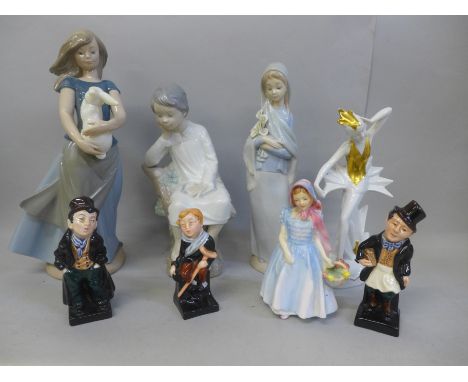 Three Royal Doulton Dickens figures, other figures comprising a Royal Doulton Wendy, a/f, two Lladro, continental and Nao, a/