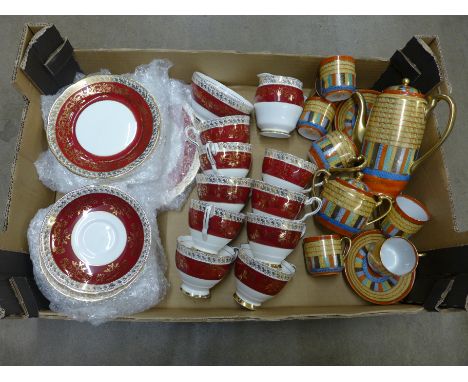 A Japanese coffee service and a collection of Royal Stafford tea ware, nine cups, saucers, side plates, one cream, sugar and 