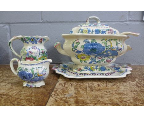 A large Mason's Regency tureen with stand and ladle and two jugs 
