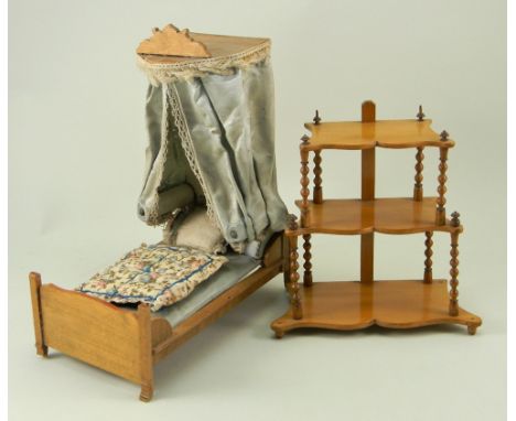 Fine miniature Cherry wood half-tester bed and hanging shelves, German circa 1890, half tester bed with lovely original blue 