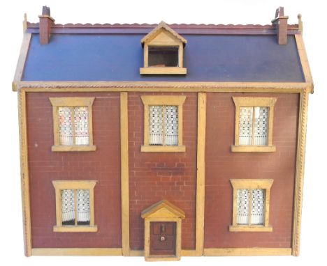 A good painted wooden dolls house and contents, English mid 19th century, the red brick painted exterior with five glazed win