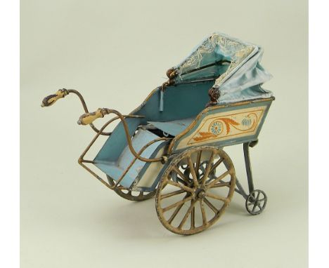 A Marklin tinplate pram with adjustable foot rest, German circa 1900, hand painted blue and cream pram with gold painted edgi