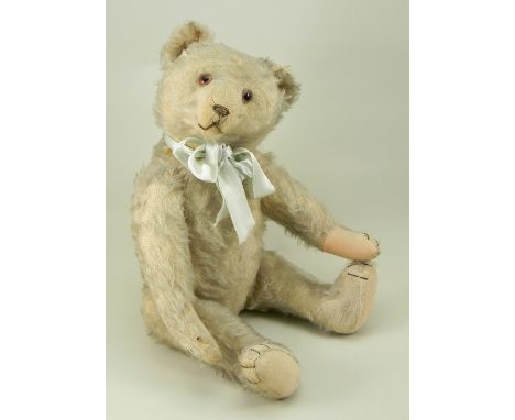 A white mohair Teddy bear, German 1920s, the straw stuffed bear with brown glass eyes, clipped muzzle with brown horizontally