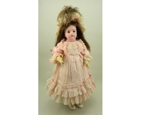 Bru Jne R bisque head Bebe doll, size 9, French circa 1895, pretty pale bisque head with weighted brown glass eyes, painted l