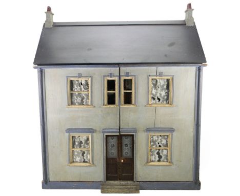 Charming painted blue wooden dolls house and contents, English, circa 1890, the duck egg blue exterior with five glazed windo