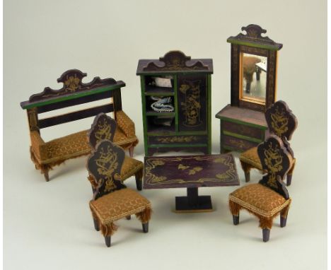 Set of dolls house furniture in the Art Nouveau style, German 1890s, the stained wooden furniture with gold transfer decorati