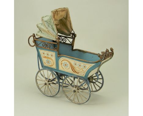 A fine Marklin tinplate pram doll carriage, German circa 1900, hand painted blue and cream pram with gold painted edging and 