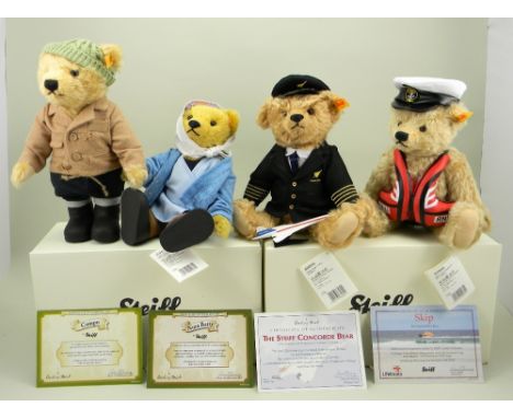 Four Steiff for Danbury Mint yellow tag bears, 664403 Compo 26cm, 000614 Nora Batty 25cm, 664694 The Steiff Concorde Bear 26c