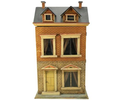 A charming Moritz Gottschalk blue roof dolls house, German circa 1890, with stone and red brick paper lithographed exterior o