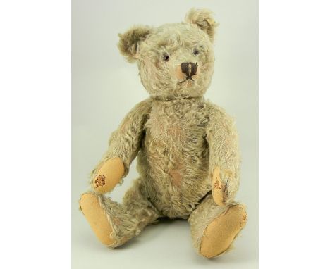 Steiff Original Teddy bear, German 1950s, button and yellow tag to left ear, straw filled blonde mohair bear with brown glass