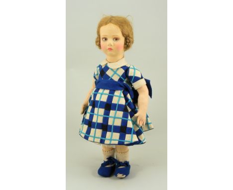 Lenci pressed felt girl doll, Italian circa 1930, the felt swivel head with painted features, light brown hair with side buns