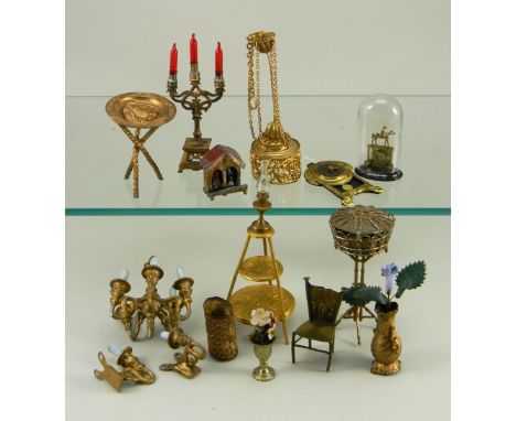 Gilt metal dolls house miniatures, German 1880s-90s, including a fine hanging light with decorative filigree shade, 6 ¾” (17c