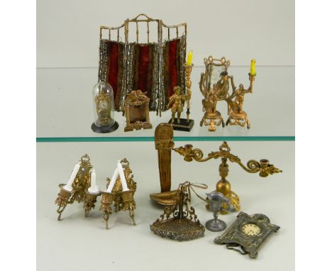 Gilt metal dolls house miniatures, German 1880s-90s, pair of ornate wall sconces, both with twin candle holders, 2 ¾” (7cm) h