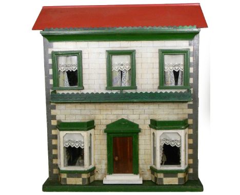 Painted wooden dolls house with red roof and contents, English early 20th century, stone brick effect façade with painted quo