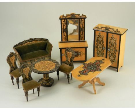 Selection of decorative wooden doll house furniture, German circa 1890, three chairs, settee and circular table with lithogra