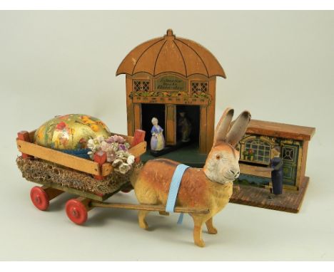 Easter Rabbit Bon Bonier, German circa 1900, the carton moulded brown rabbit with glass eyes, removable head for sweets and p