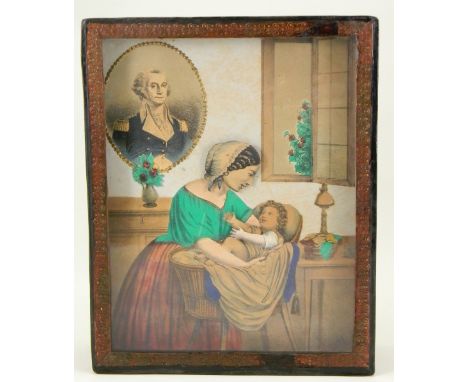 A Mother and Child sand toy automata by Gerard Camagni, French circa 1860, wooden boxed sand toy with glass front, painted an