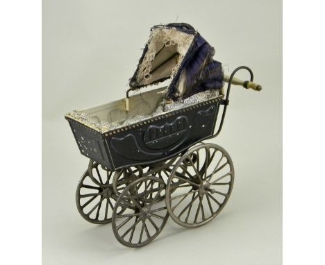 A rare Marklin dark blue tinplate pram doll carriage, German circa 1900, with embossed Art Nouveau style decoration to sides 