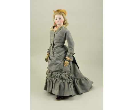 Fine and rare Bru bisque shoulder head fashion doll, French circa 1870, pale bisque head with fixed light blue glass eyes, pa