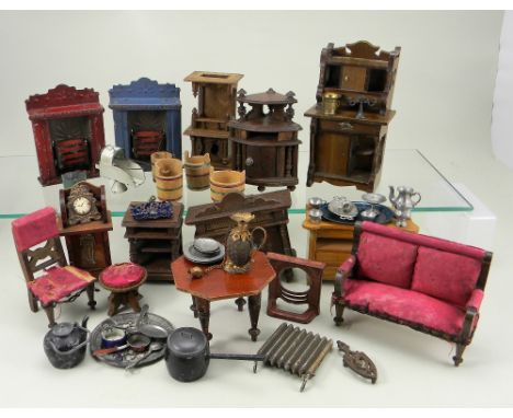 Collection of dolls house furniture and accessories, late 19th century, furniture includes wooden corner cabinet with shelf a