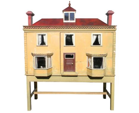 Large early English painted wooden dolls house on stand with contents, mid 19th century, painted stone exterior with quoining