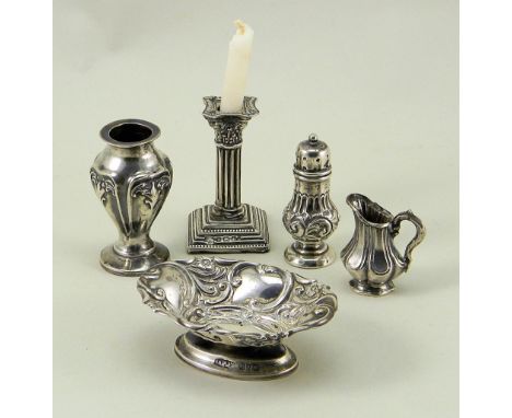 Five pieces of English miniature Silver, late 19th early 20th century, Corinthian column candlestick Birmingham 1905 2 ¼” (5.