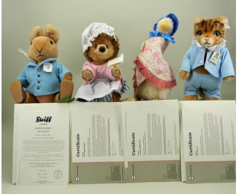 Steiff for Danbury Mint four Beatrix Potter characters, 690051 Peter Rabbit, cinnamon 26cm, 1310 of 5000, 690259 Mrs Tiggy-Wi