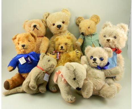 Collection of eight various Teddy bears, including a sweet blonde mohair Berg bear, Austrian 1950’s with brown glass eyes, st