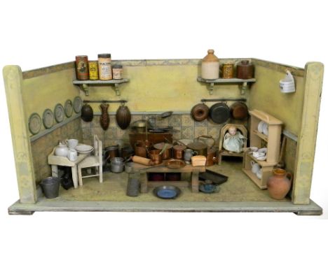 Painted wooden Kitchen room set, German circa 1900, painted in pale blue and cream with transfer decoration to front, with pa