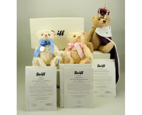 Three Steiff for Danbury Mint Limited Edition Royalty bears, 664359 Queen Elizabeth II Coronation Teddy Bear, blonde 28cm, 86