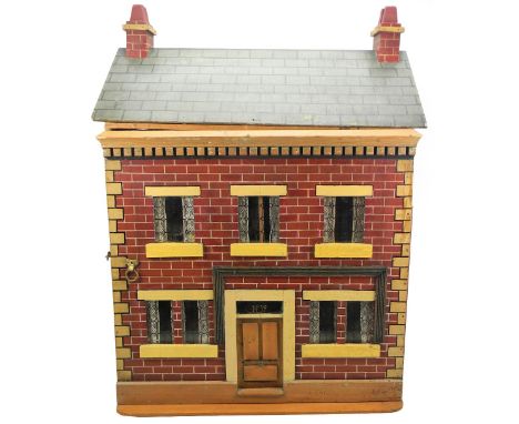 Traditional painted wooden dolls house and contents, English circa 1890, the red brick exterior with quoining, seven painted 