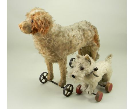 Large Steiff St Bernard dog on wheels, German circa 1911, standing on all fours with button to left ear, the straw filled cre