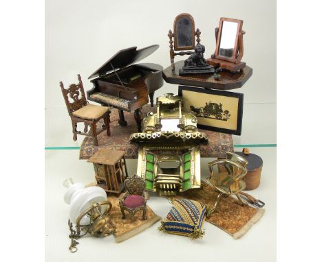 Good collection of miniature dolls house pieces, including a rectangular wooden table with inlay and baluster support, 4 ½” (