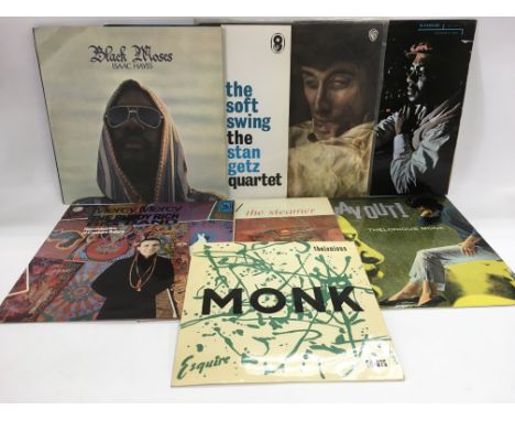 A collection of jazz and funk LPs by various artists including Isaac Hayes, Thelonious Monk, Johnny Harris, Buddy Rich and ot