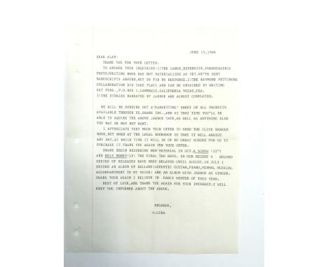A unique and interesting letter typed from Michael Gira of New York band Swans. Dated June 15, 1986, the letter is a response