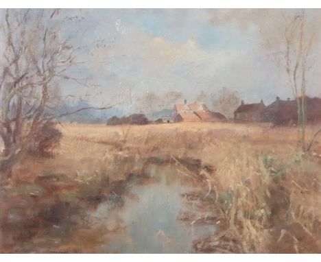 AR GEOFFREY BURROWS (born 1934) "A gleam of light - Crostwick Common" oil on board, signed and dated 76 lower left 35 x 45cm 