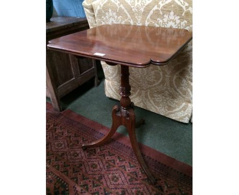Good Regency mahogany pedestal swept tripod tilt top occasional table with shaped oblong top and another mahogany occasional 