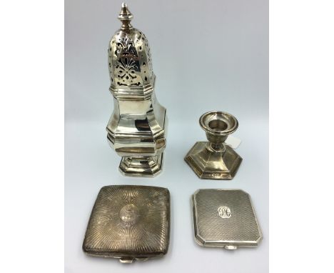 Mappin &amp; Webb sterling silver sugar shaker, single silver candlestick, silver cigarette cases &amp; compact 