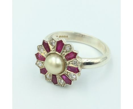 Diamond &amp; synthetic ruby target ring centrally set with single split pearl, possibly re-shanked on a sterling silver band