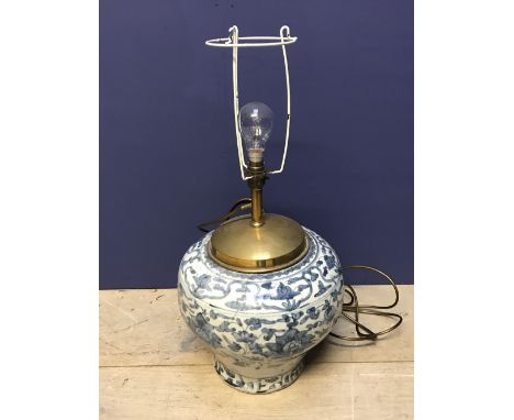 Early bulbous Chinese ginger jar converted to a lamp base (some cracks &amp; repairs) 38Hx20W cm approx at base; pale blue sh