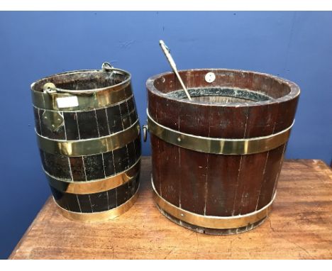 2 coopered &amp; brass bound containers, brass toasting fork 